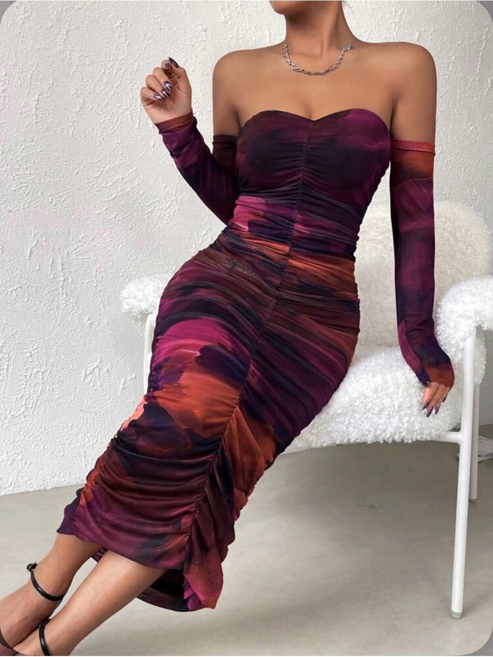 SHEIN Strapless Ruched Dress in Pink & Orange